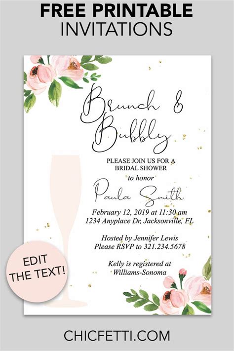 Bridal Shower Printable Invitation (Floral Bubbly) - Chicfetti | Bridal shower invitations ...