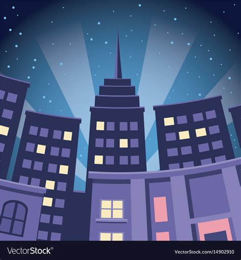 Comic city building skyscraper night view Vector Image