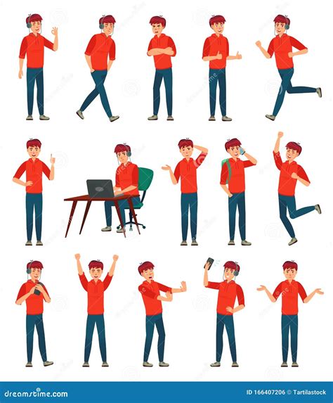 Cartoon Male Teenager Character. Teenage Boy in Different Poses and Actions Vector Illustration ...