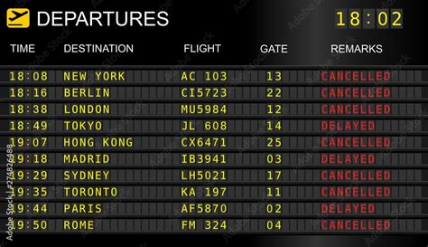 Flight departure board. Information display system in international airport, cancelled and ...