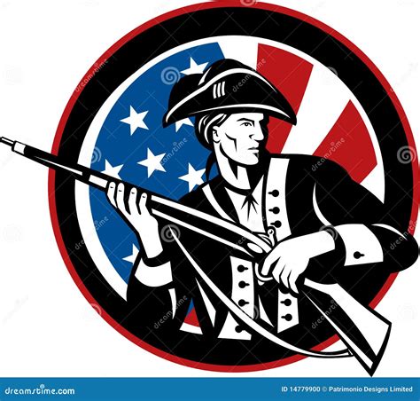 American Revolutionary Soldier With Rifle And USA Flag Circle Retro Black And White Cartoon ...