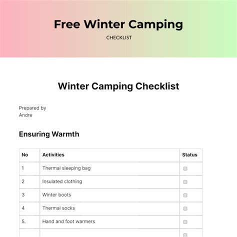 Winter Camping Checklist - Edit Online & Download Example