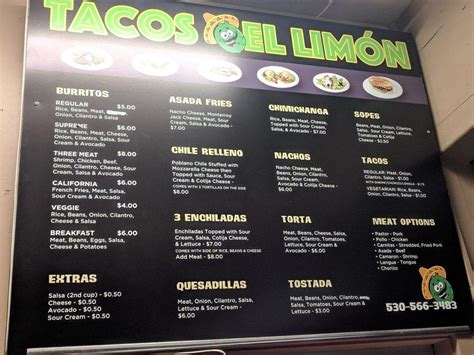 Menu at Tacos El Limon restaurant, Chico