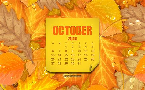 October 2019 Calendar, Yellow Leaves Background, Autumn Background ...