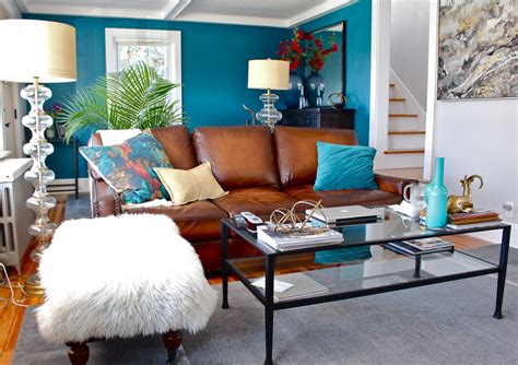 Teal Gray Living Room With Brown Leather Couch | Bryont Blog