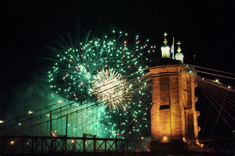 Green Fireworks Bursting Over Cincinnati Bridge Photograph by Art Spectrum