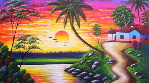 Sunset Village nature drawing painting | drawing sunset village | Art ...