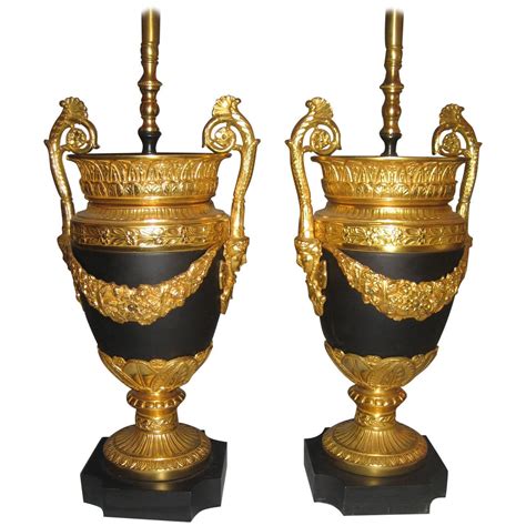 Pair of Antique French Empire Style Gilt Bronze and Patina Bronze Lamps For Sale at 1stdibs