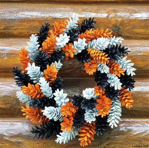 Items similar to Halloween Pine Cone Wreath, Orange Black and White Wreath, Holiday Wreath, Fall ...