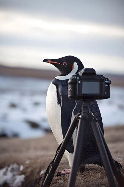 Premium AI Image | A penguin stands next to a camera on a beach