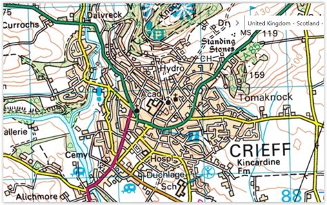 Photographs and map of the town of Crieff in Central Scotland