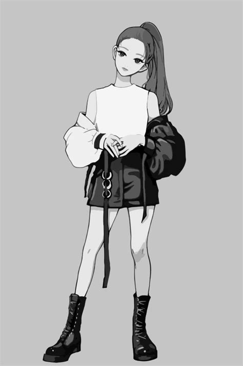 Cute anime girl with a ponytail. Illustration in gray tones. 19054982 ...