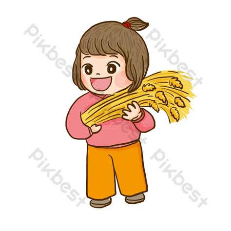 Happy Little Girl Cartoon Element Holding Yellow Wheat Ears In Hand PNG ...