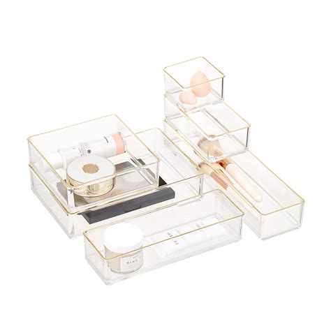 Clear Acrylic Stackable Drawer Organizers Gold Trim Set of 6 | The Container Store