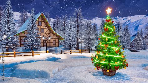 Outdoor Christmas tree decorated by lights garland against cozy alpine ...