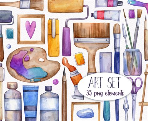 Watercolor Art Supplies set artist PNG elements pencil | Etsy