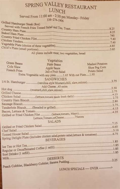 Spring Valley Restaurant menu in Greensboro, North Carolina, USA