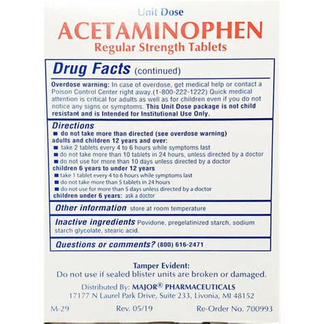 Major Acetaminophen 325 mg (Regular Strength) Unit Dose, 100 Tablets ...