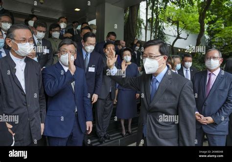 Chief Executive John Lee Ka-chiu meets the press with members of the Hong Kong delegation to an ...