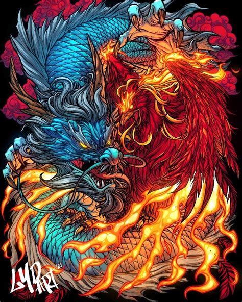 two blue and red fire breathing dragon tattoos on a black t - shirt with flames