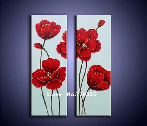 Free shipping100%Hand Painted 2pcs Oil Painting On Canvas Red Flower Acrylic Painting Home ...