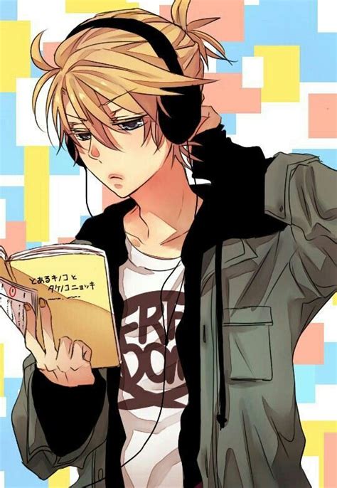 Anime boy, reading, book, listening, text, music, headphones, cool, blonde hair; Anime Guys ...