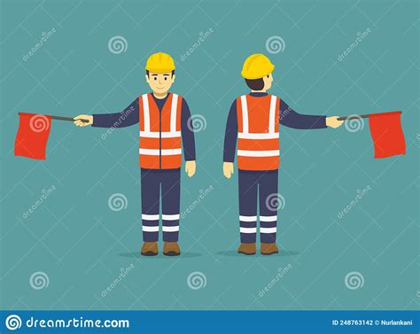 Isolated Construction Worker Holding Red Flag. Hand Signals Using Flag ...