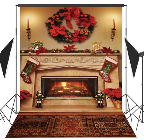 HelloDecor Polyester Fabric 5x7ft Christmas Theme Christmas Fireplace Photography Backdrop Photo ...