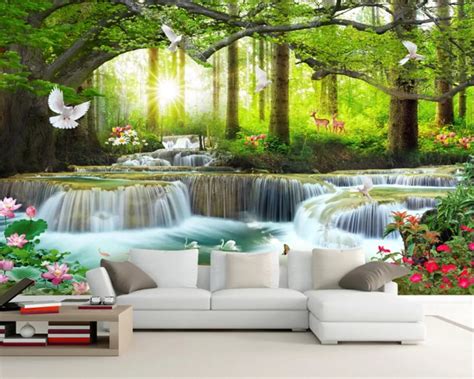 beibehang Custom wallpaper mural nature landscape green big tree forest waterfall landscape ...