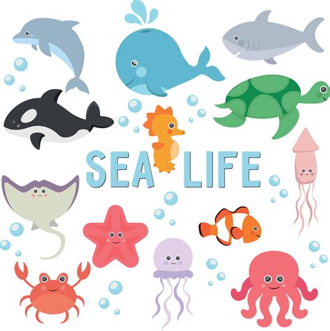 Clipart Sea Life Set of Illustrations of Animals Underwater World ...