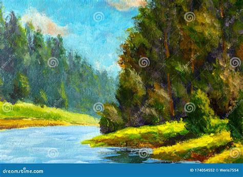 Beautiful River Landscape Acrylic Painting. Russian Forest Summer ...