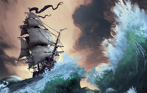 Wallpaper waves, fantasy, storm, pirate ship, artist, ship, digital art, artwork, fantasy art ...