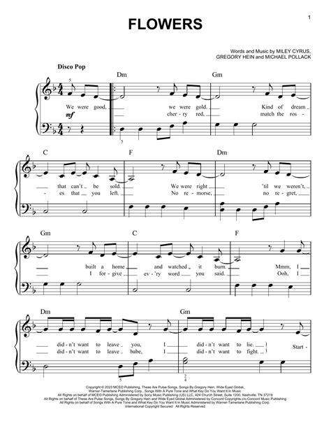 Flowers by Miley Cyrus Sheet Music for Easy Piano at Sheet Music Direct