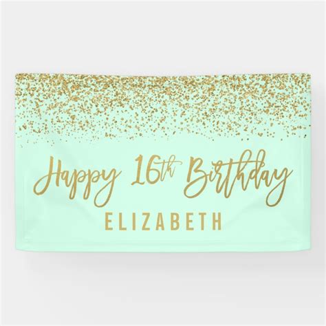 Modern Mint Faux Gold Glitter 16th Birthday Banner | Zazzle.com