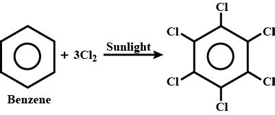 Benzene reacts with chlorine to form benzene hexachloride in presence of