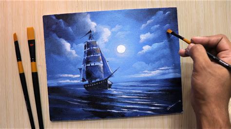 Acrylic painting of Moonlight night sky with a lonely ship - YouTube