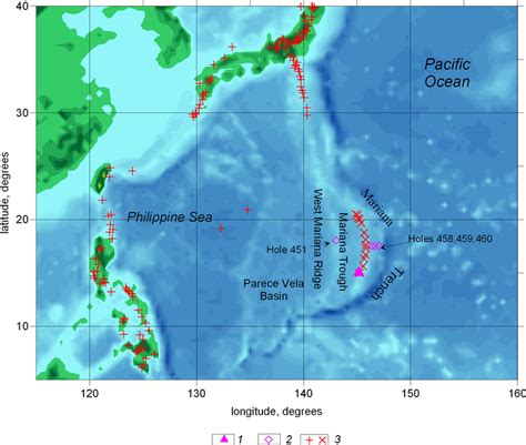 Location of active volcanoes within the Mariana Island Arc (Global ...