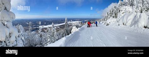 Panoramic aerial view of Mont Tremblant and Lake in winter ski season ...