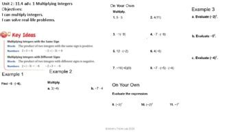 Big Ideas Math 7th Grade Fill in Notes- Unit 2 Integers by Wink's Think Lab