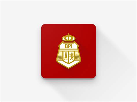 a red square button with the emblem of bpi on it's center piece