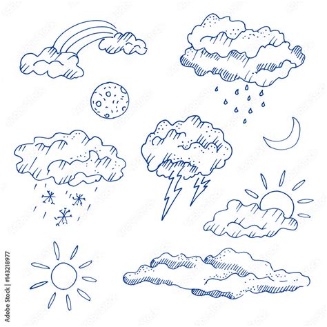 Weather forecast icons, freehand drawing. Sketch, vector illustration ...