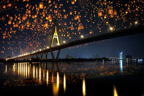 landscape, Bridge, Night, Sky Lanterns, Reflection Wallpapers HD ...