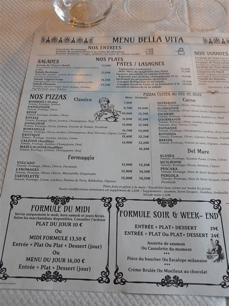 Menu au Bella Vita pizzeria, Lorient