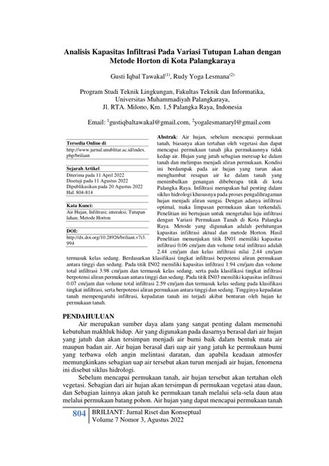 (PDF) Analisis Kapasitas Infiltrasi Pada Variasi Tutupan Lahan Dengan Metode Horton di Kota ...