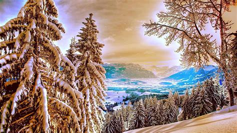 Awesome winter mountain view r, mountain, view, r, trees, clouds ...