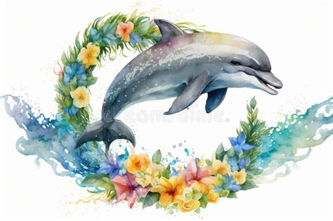 Happy Dolphin in Hand Drawing Watercolor Style with Summer Flower Decoration Stock Image - Image ...