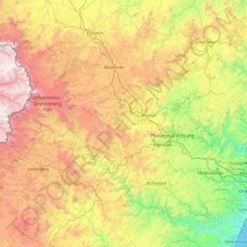 Umgungundlovu District Municipality topographic map, elevation, terrain