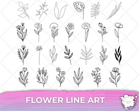 Flower Line Art Design Bundle SVG Monoline Leaves PNG Plant - Etsy