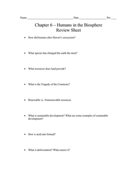 Biology - Chp 6 - Humans in the Biosphere - Study Guide | PDF