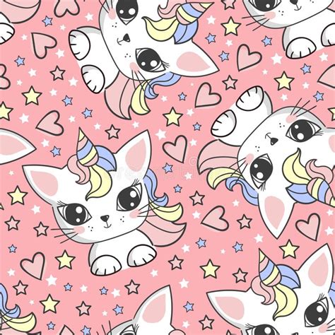 Seamless Pattern with Unicorn Cats on a Pink Background. Vector Stock ...